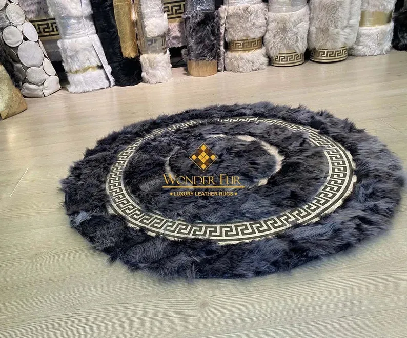 100% Natural Handamde Gray Sheepskin Round Rug With Greek Key Pattern