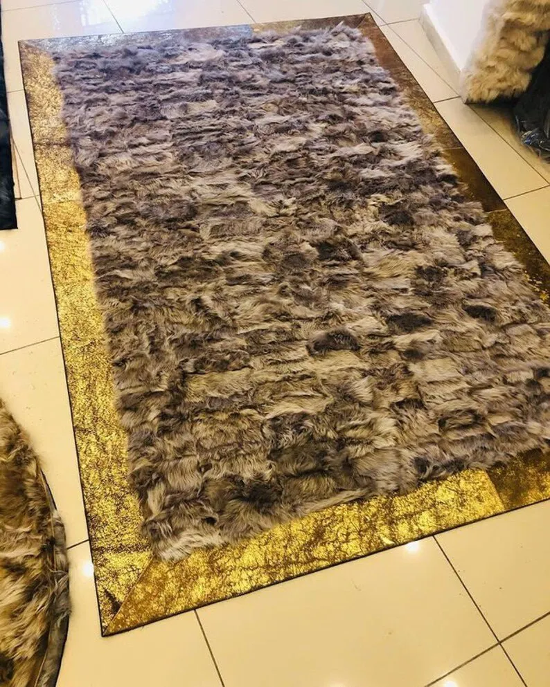 100% Natural Handmade Sheepskin Brown And Gold Luxury Living Room Rug