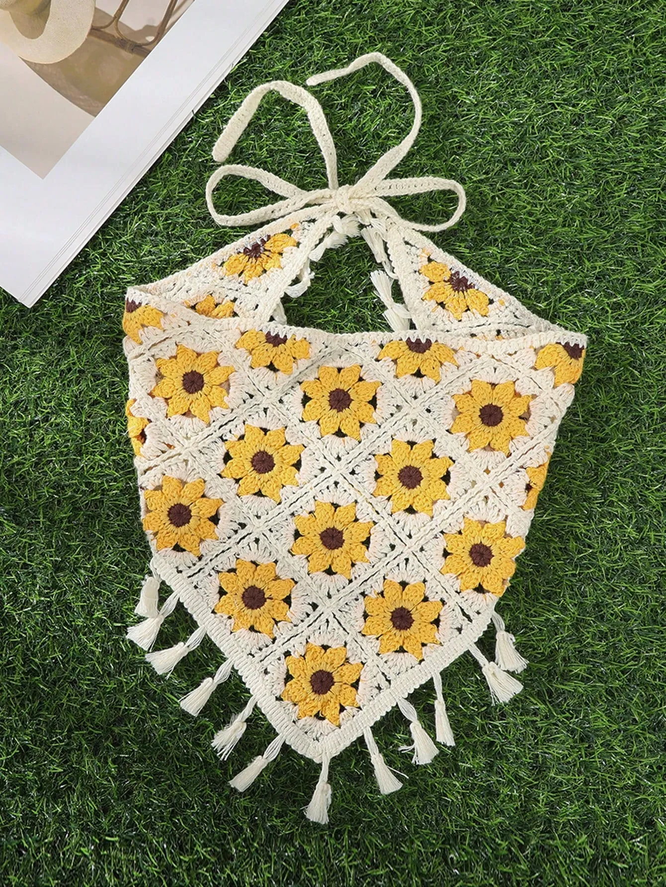 1pc Knit Sunflower Tassel Triangle Scarf Headband Boho