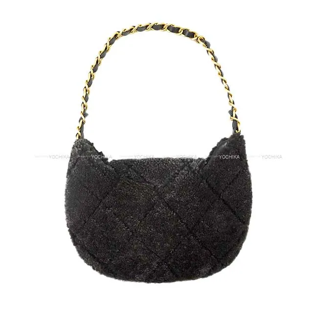 2023 AW CHANEL Shoulder bag Chain Around Matelasse Flap Hobo Fur Boa Charcoal gray/Black Sheepskin Antique Gold HW[EXCELLENT][Authentic]