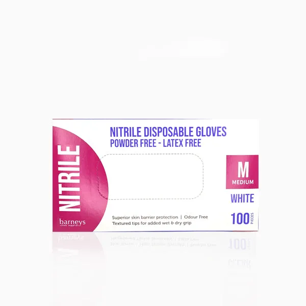 Barneys Nitrile Disposable Gloves Powder Free - White - Medium - 100 Pieces