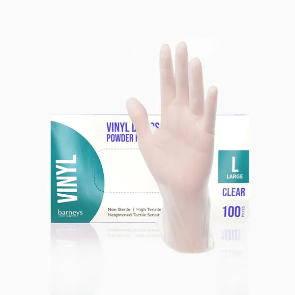 Barneys Vinyl Disposable Gloves Powder Free - Clear - Large - 100 Pieces