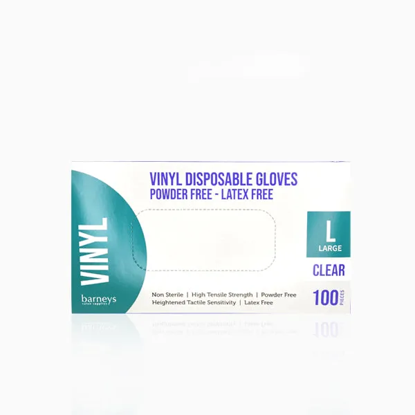 Barneys Vinyl Disposable Gloves Powder Free - Clear - Large - 100 Pieces