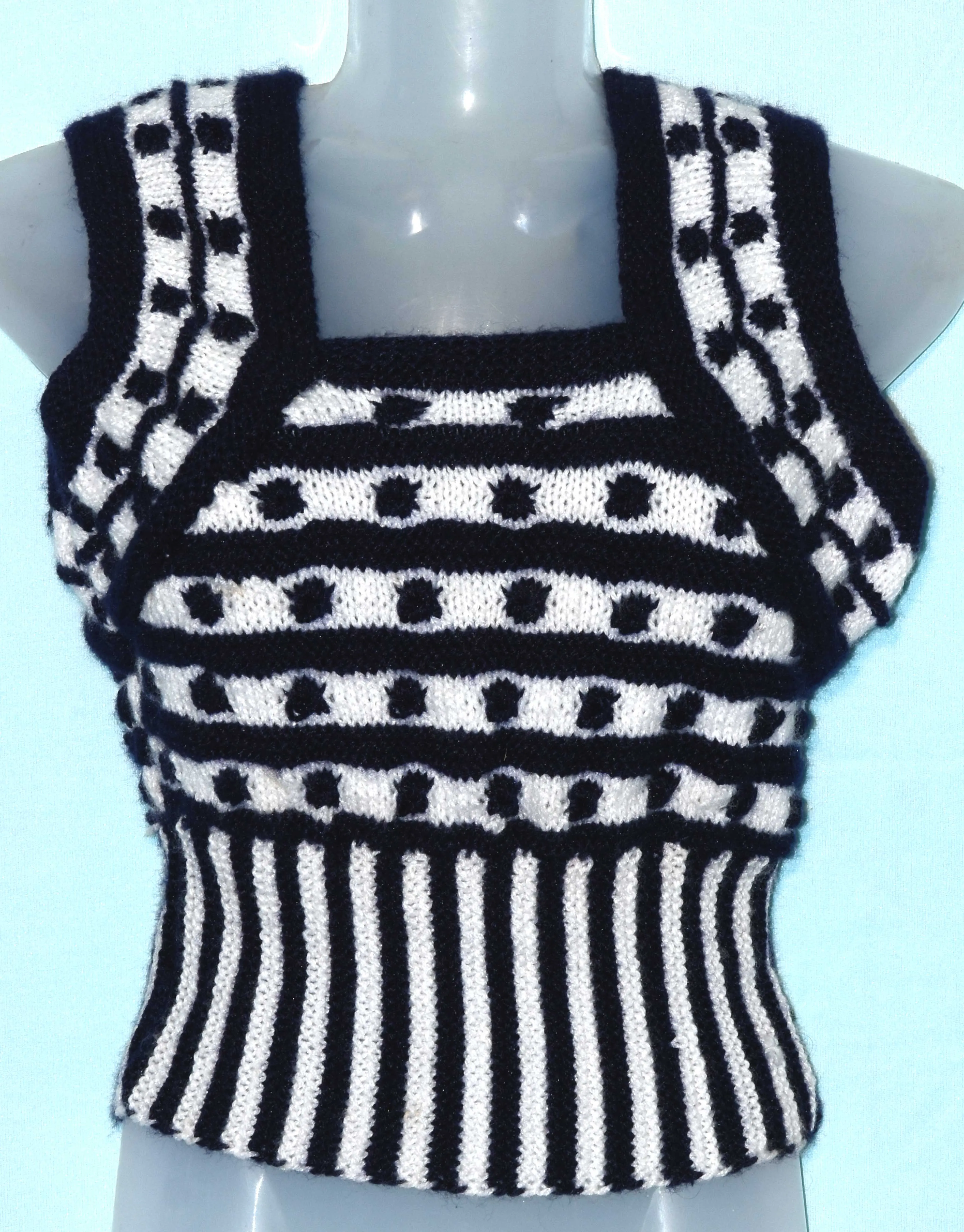 Black and white color hand knitted woolen blouse sweater for women