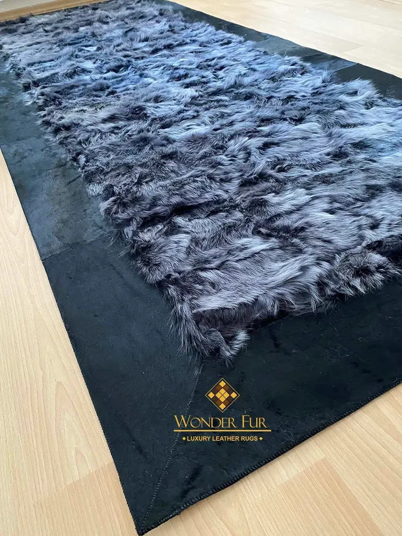 Black Handmade Sheepskin Runner Rug, Hair on hide Natural Leather Coridor Rug