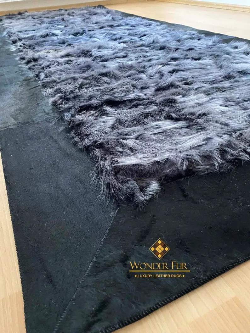 Black Handmade Sheepskin Runner Rug, Hair on hide Natural Leather Coridor Rug