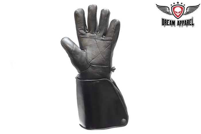 Black Leather Motorcycle Gloves with Lined Gauntlets