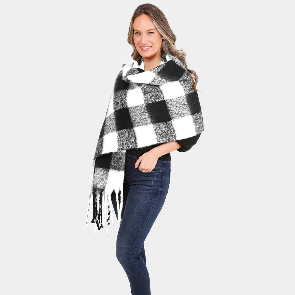 Black Plaid Tassel Scarf