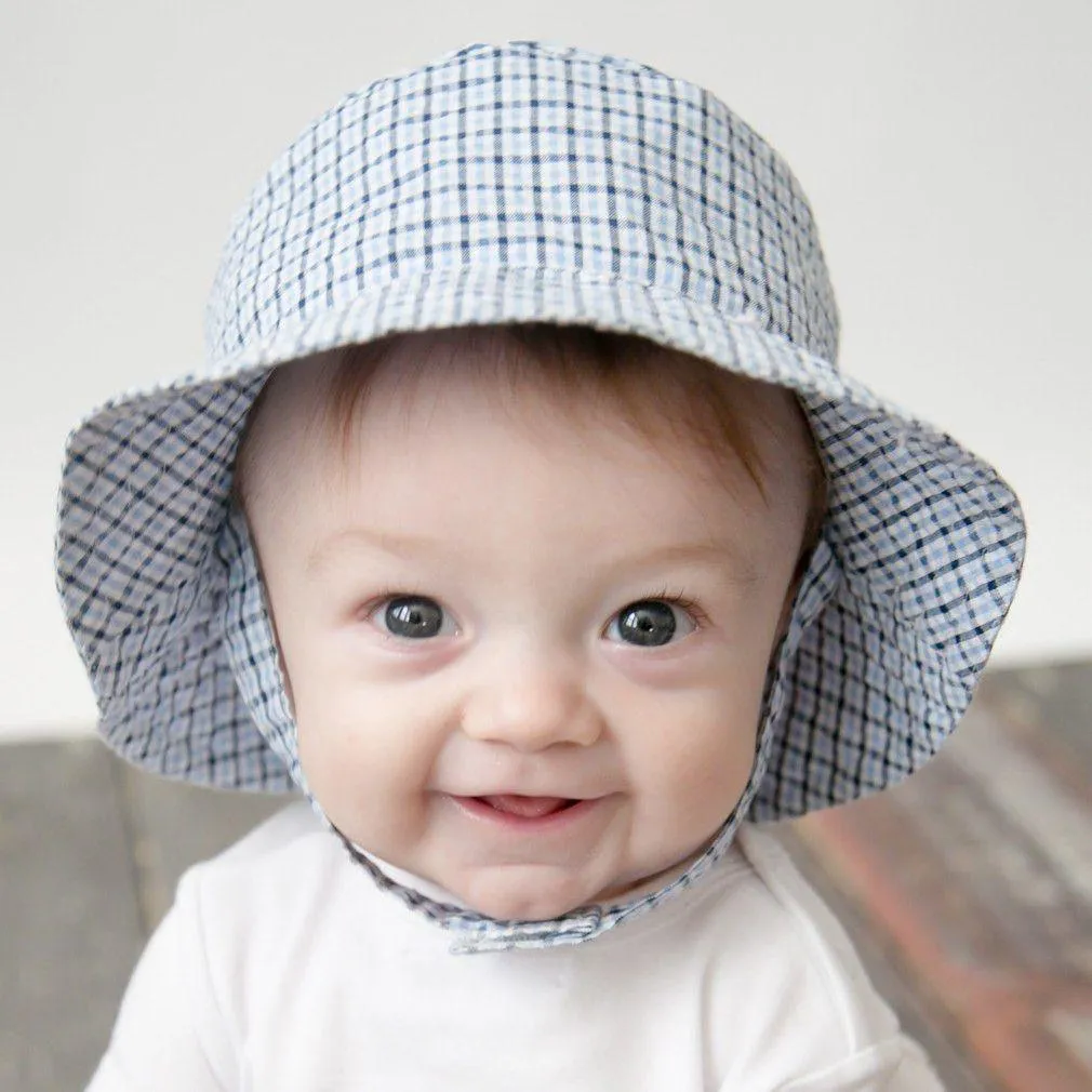 Blue Plaid UPF 25  Seersucker Bucket Hat for Babies and Toddlers