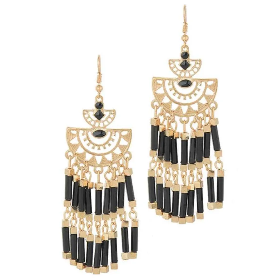 Boho Gold Black or White Tassel Earrings for Women