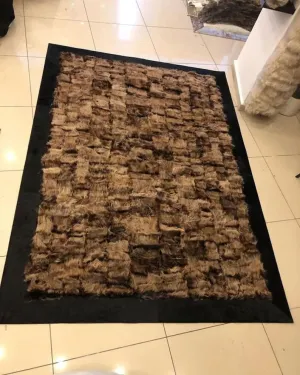 Brown Fluffy Natural Sheepskin Rug with Black Border, Handmade Fur Carpet