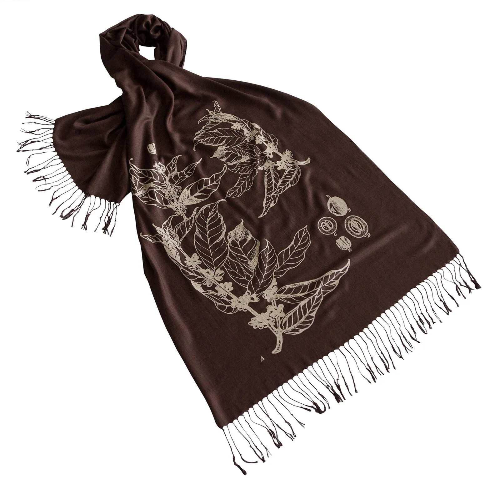 Coffee Bean Scarf. Botanical Print linen weave pashmina