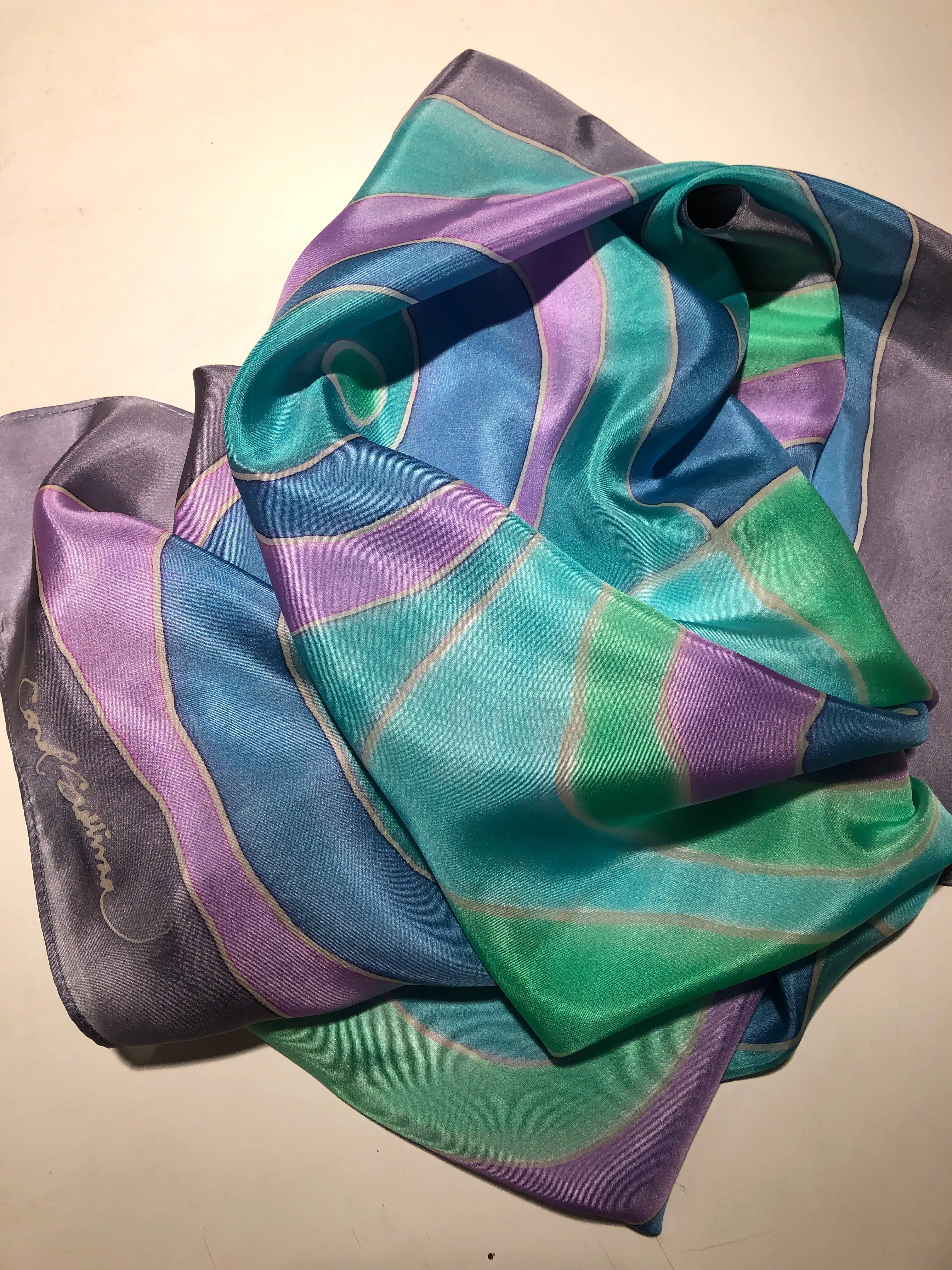 “Cool Circles" - Hand-dyed Silk Scarf - $135