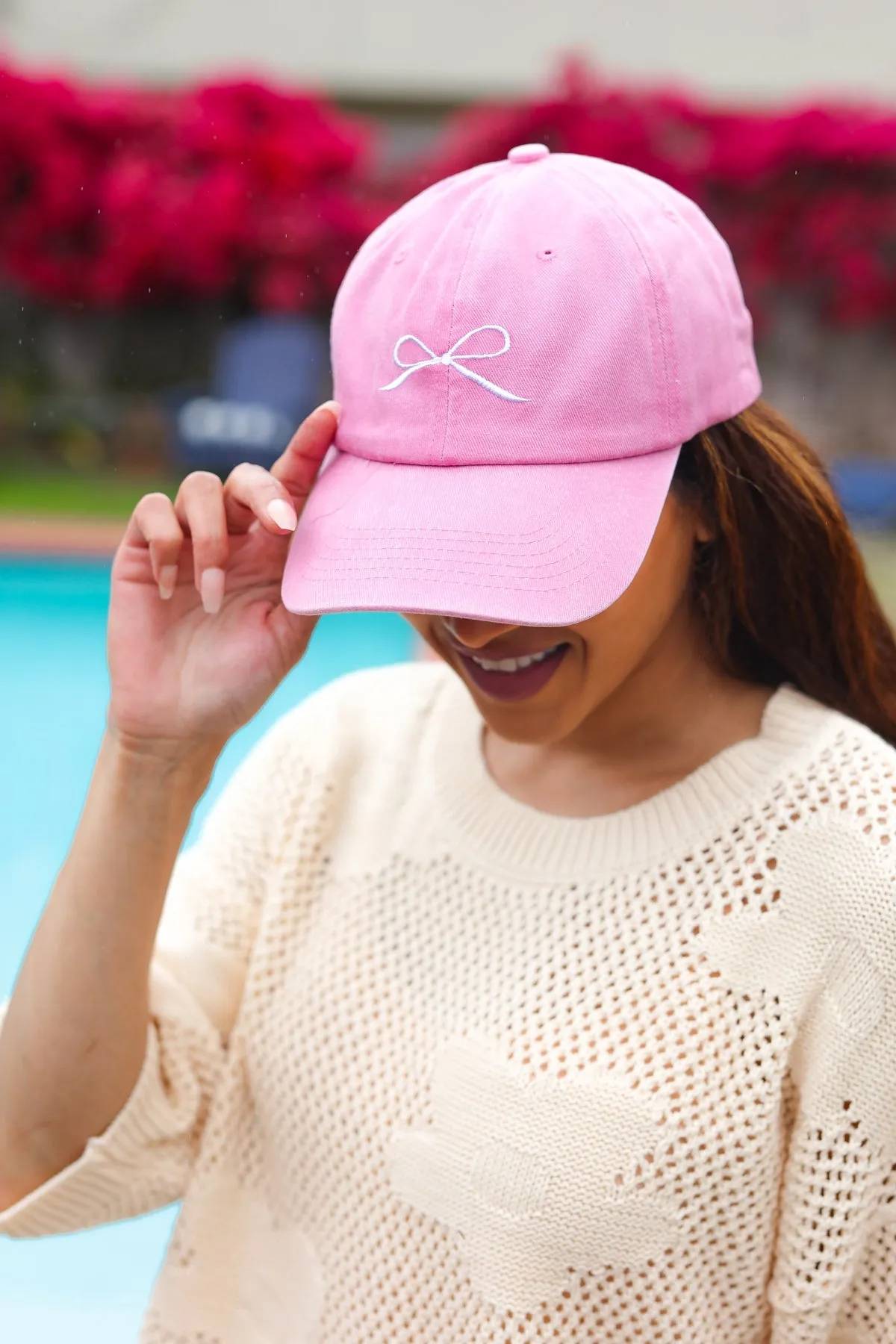 Coquette Pink Embroidered Bow Baseball Cap