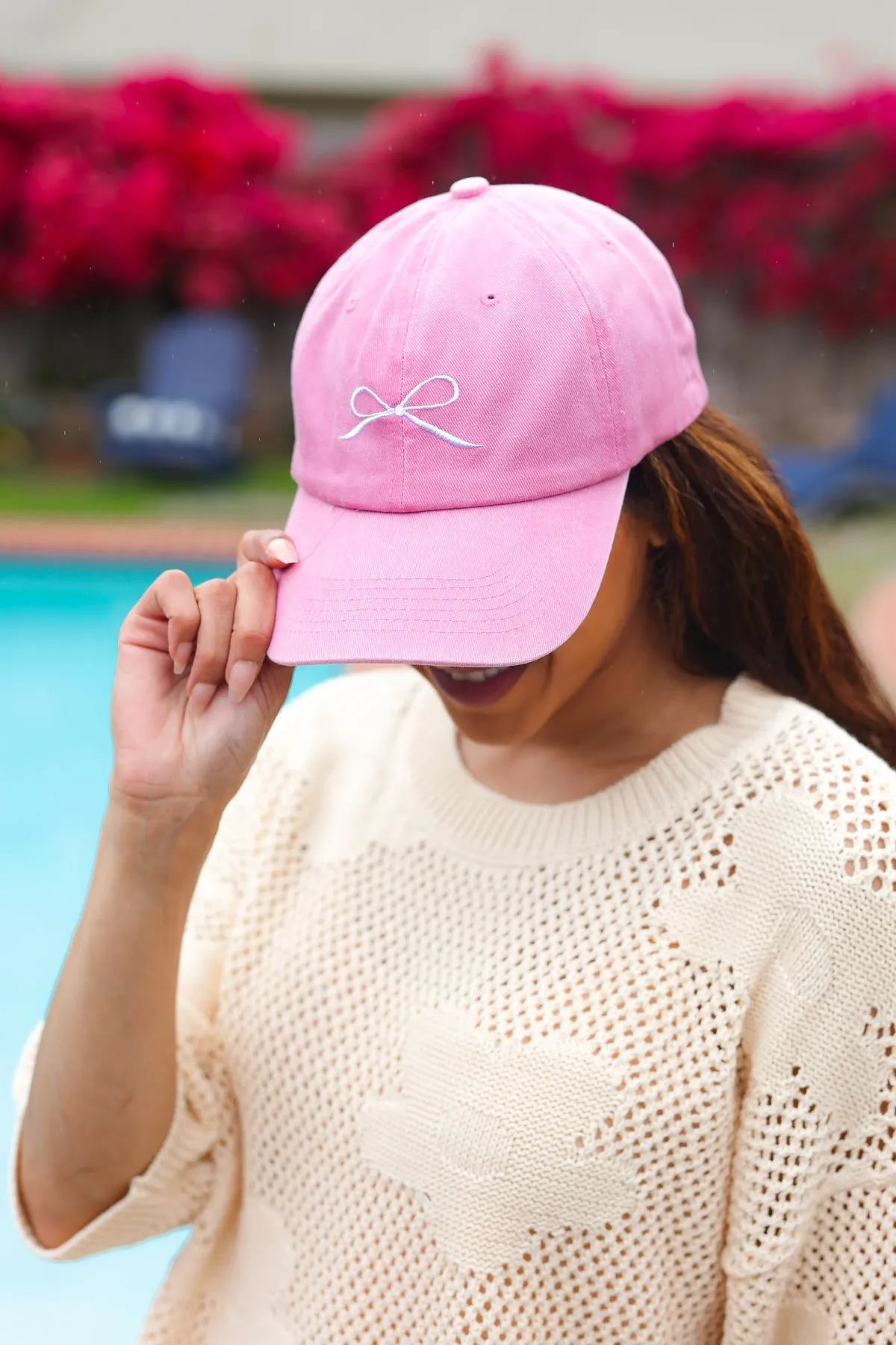 Coquette Pink Embroidered Bow Baseball Cap