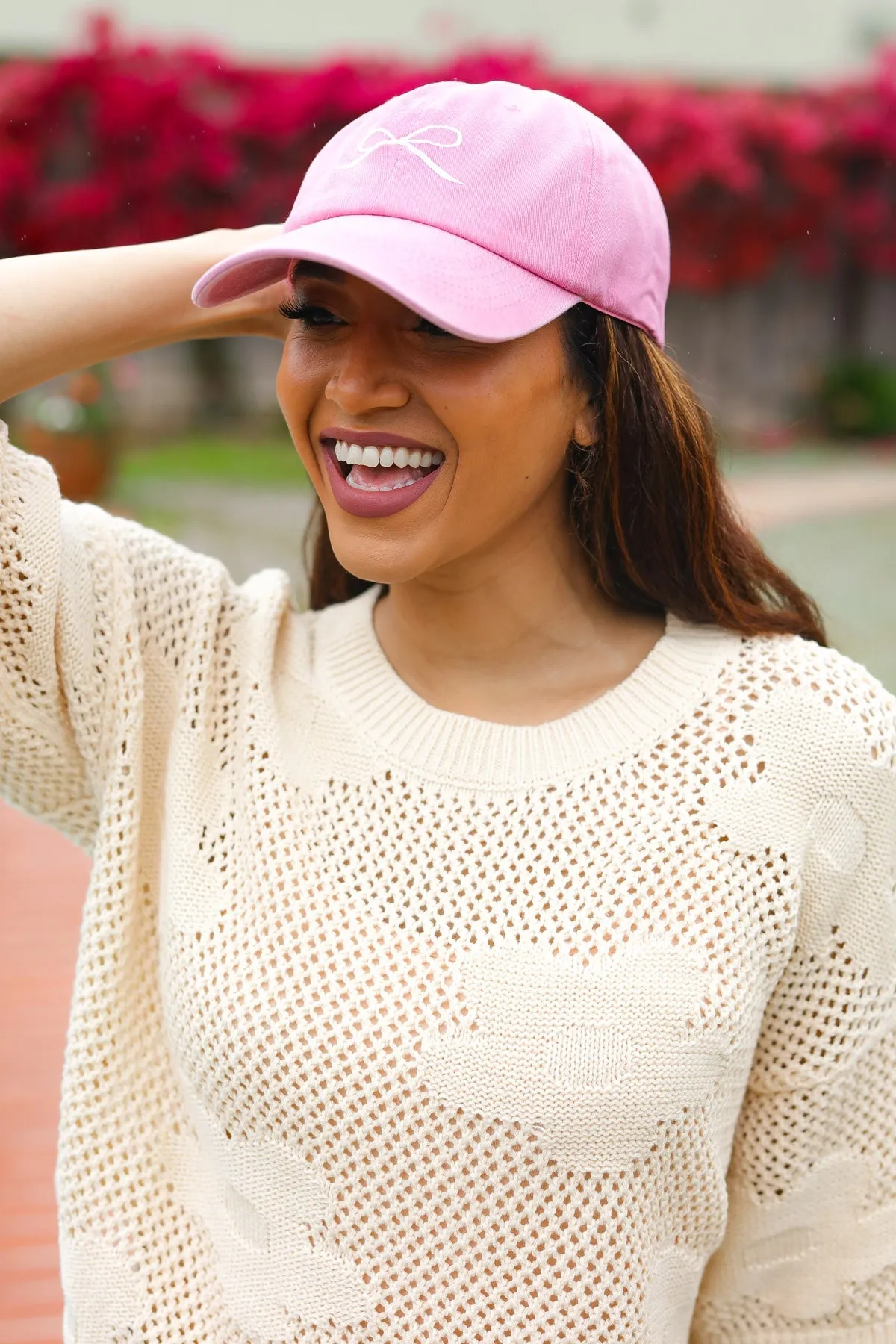 Coquette Pink Embroidered Bow Baseball Cap