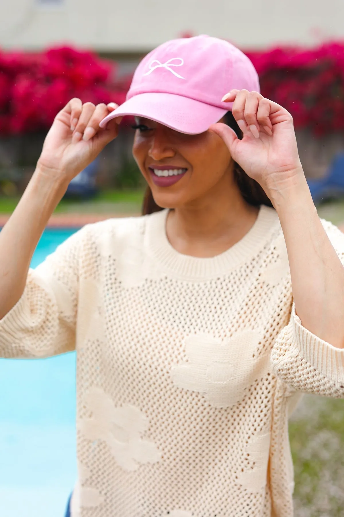 Coquette Pink Embroidered Bow Baseball Cap