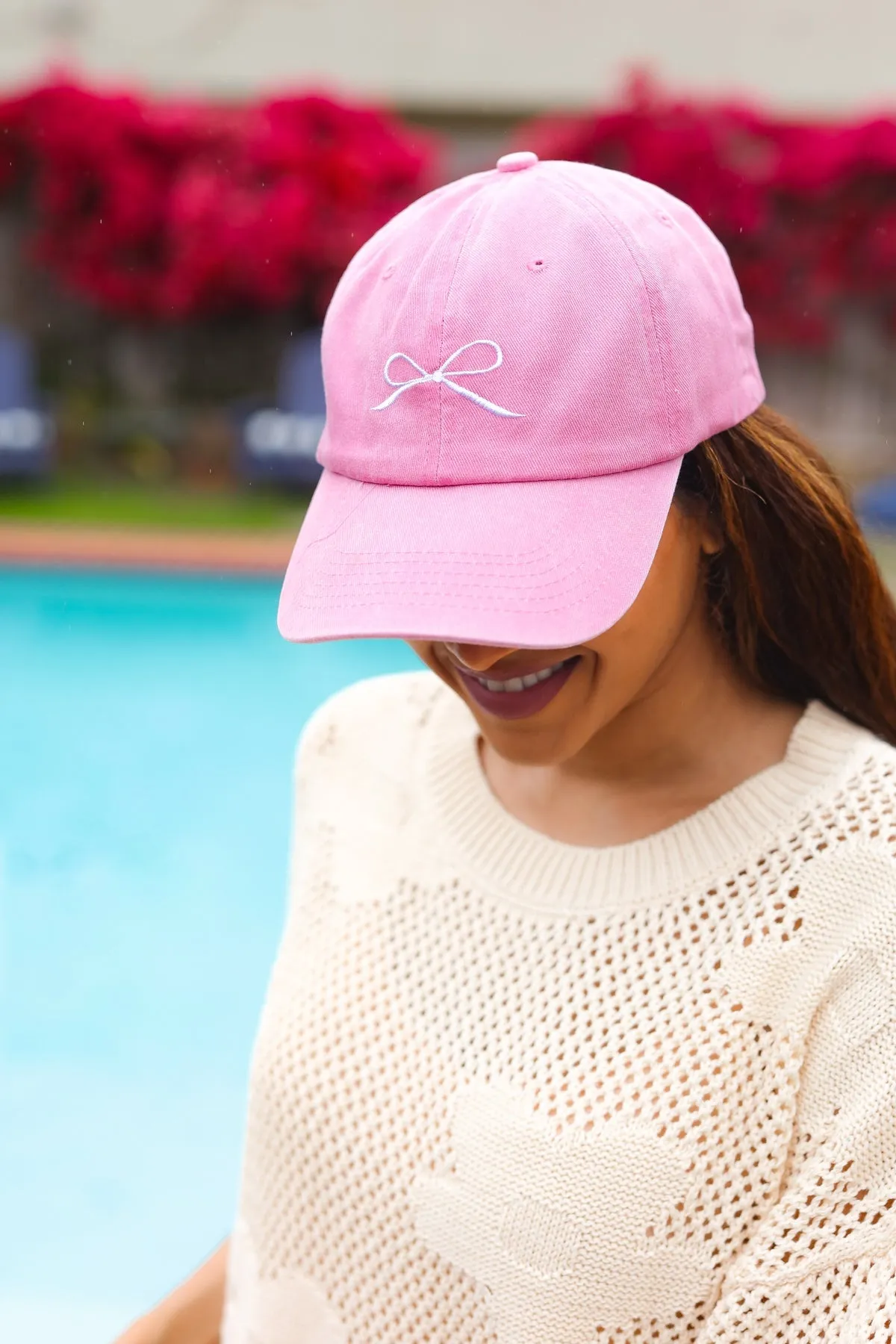 Coquette Pink Embroidered Bow Baseball Cap