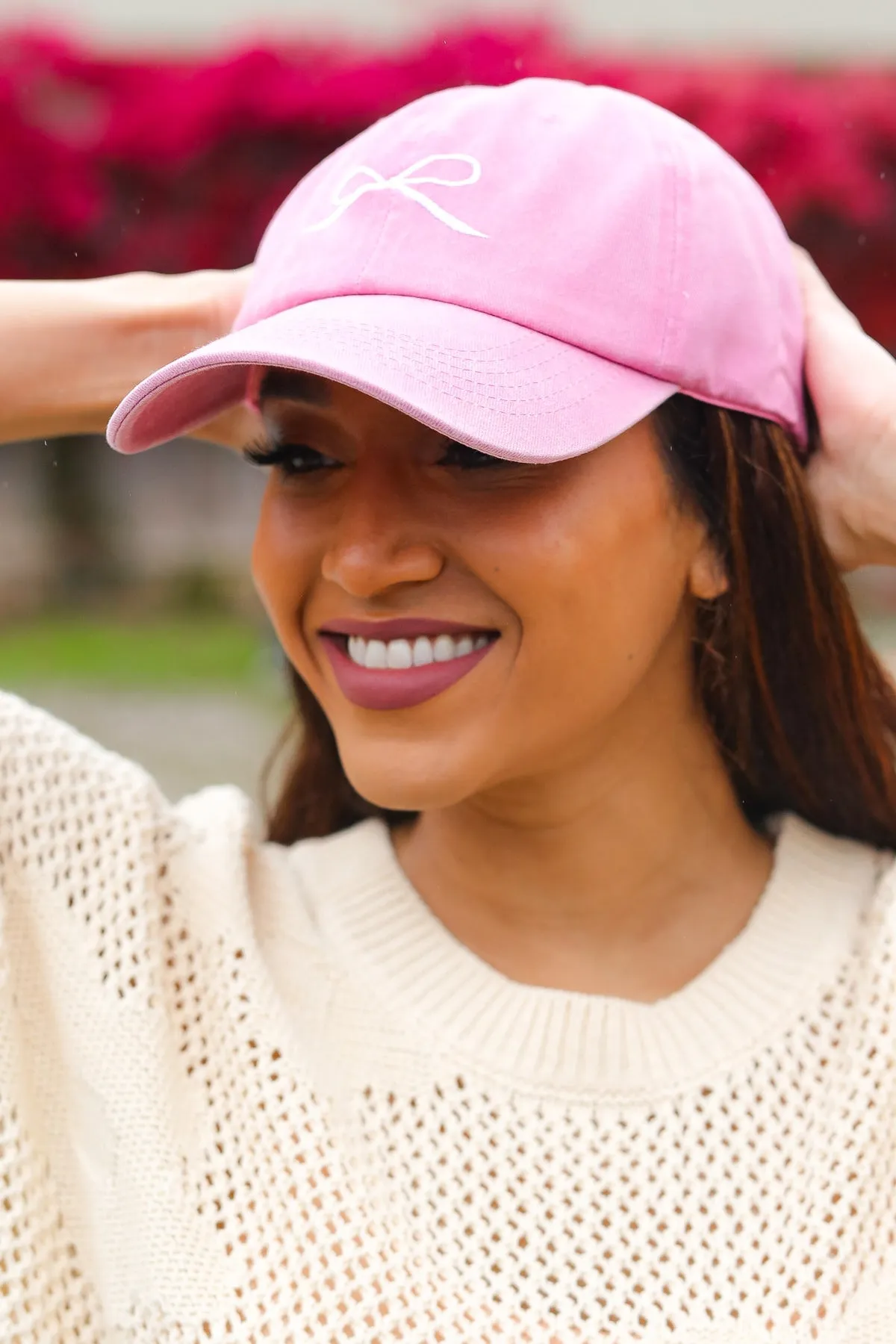 Coquette Pink Embroidered Bow Baseball Cap