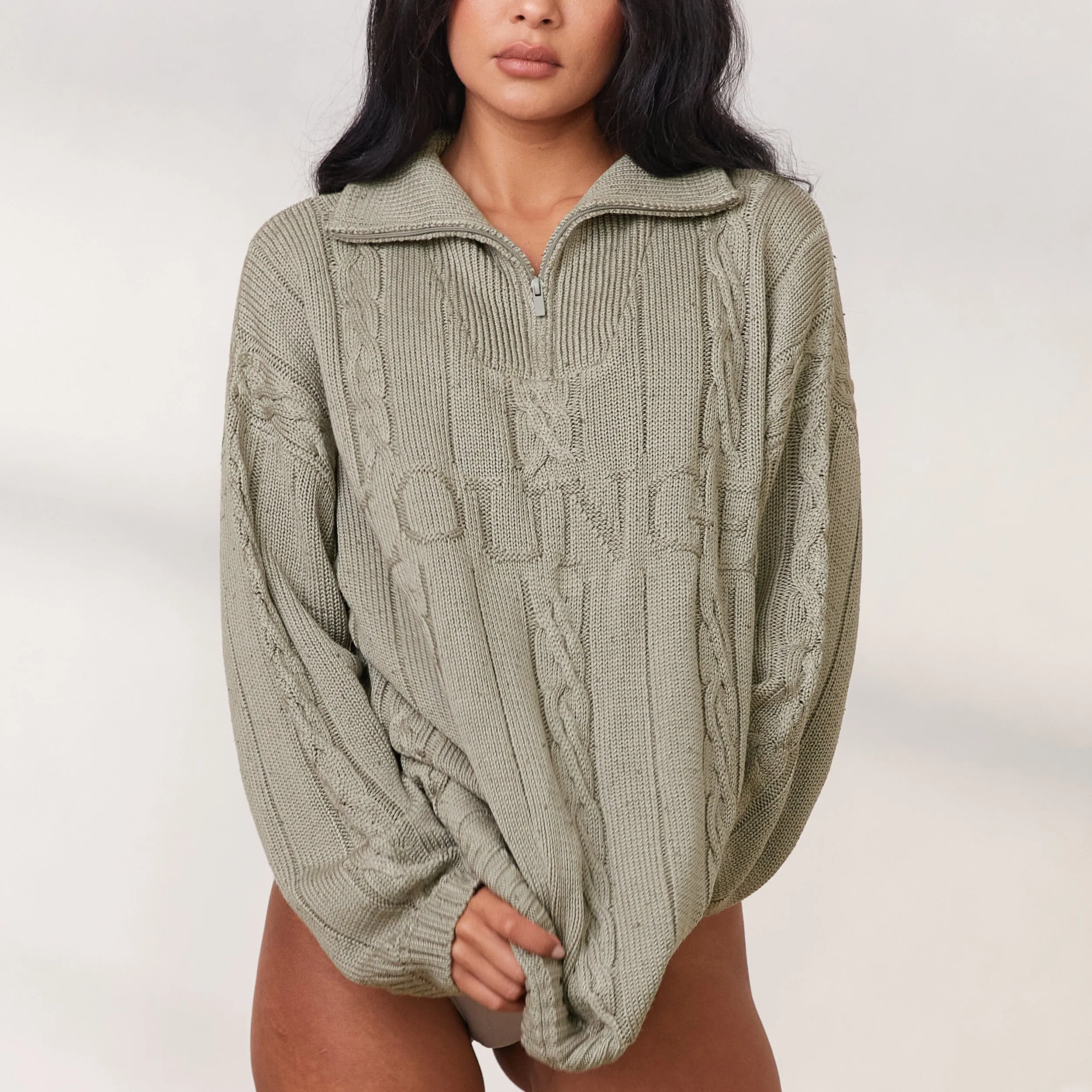 Cosy Knit Quarter Zip Jumper - Sage