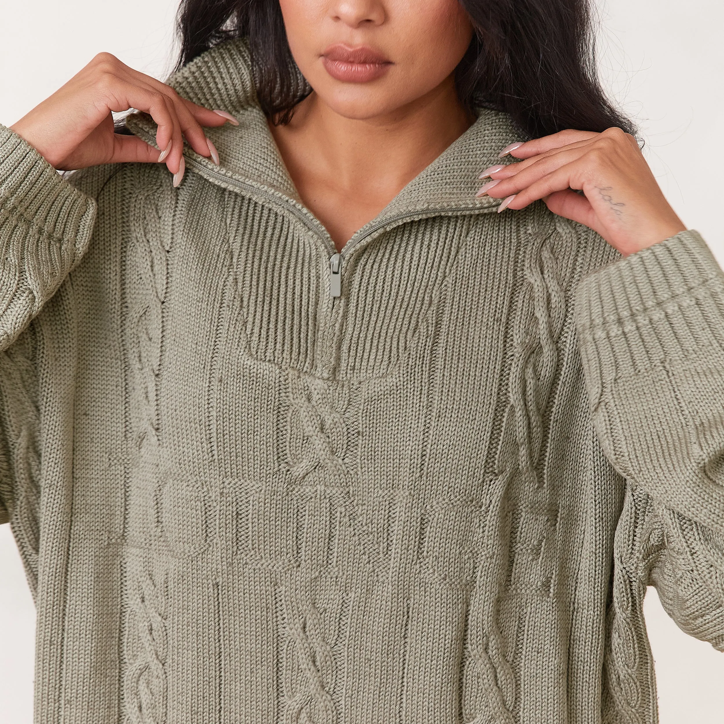 Cosy Knit Quarter Zip Jumper - Sage