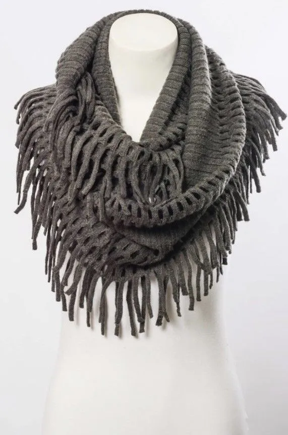 Dark Gray Chenille Fringe Infinity Scarf Tassel Honeycomb Winter Soft Casual