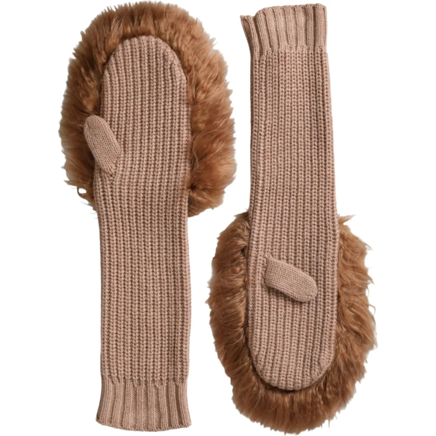 Dolce & Gabbana Brown Cashmere Knitted Fur Mid Arm Mitten Gloves