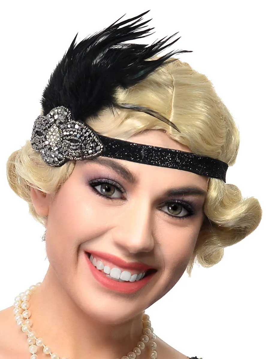 Fancy 1920s Black Bead Headband 4 Piece Gatsby Accessory Set