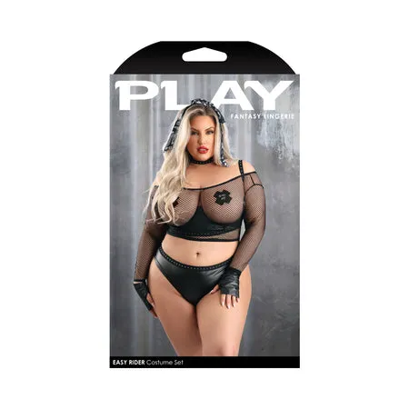 Fantasy Lingerie Play Easy Rider Open Cup Bra: Long Sleeve Fishnet Top: Panty: Choker: Gloves: Bandana & 1 pair of Pasties Costume 1XL/2XL