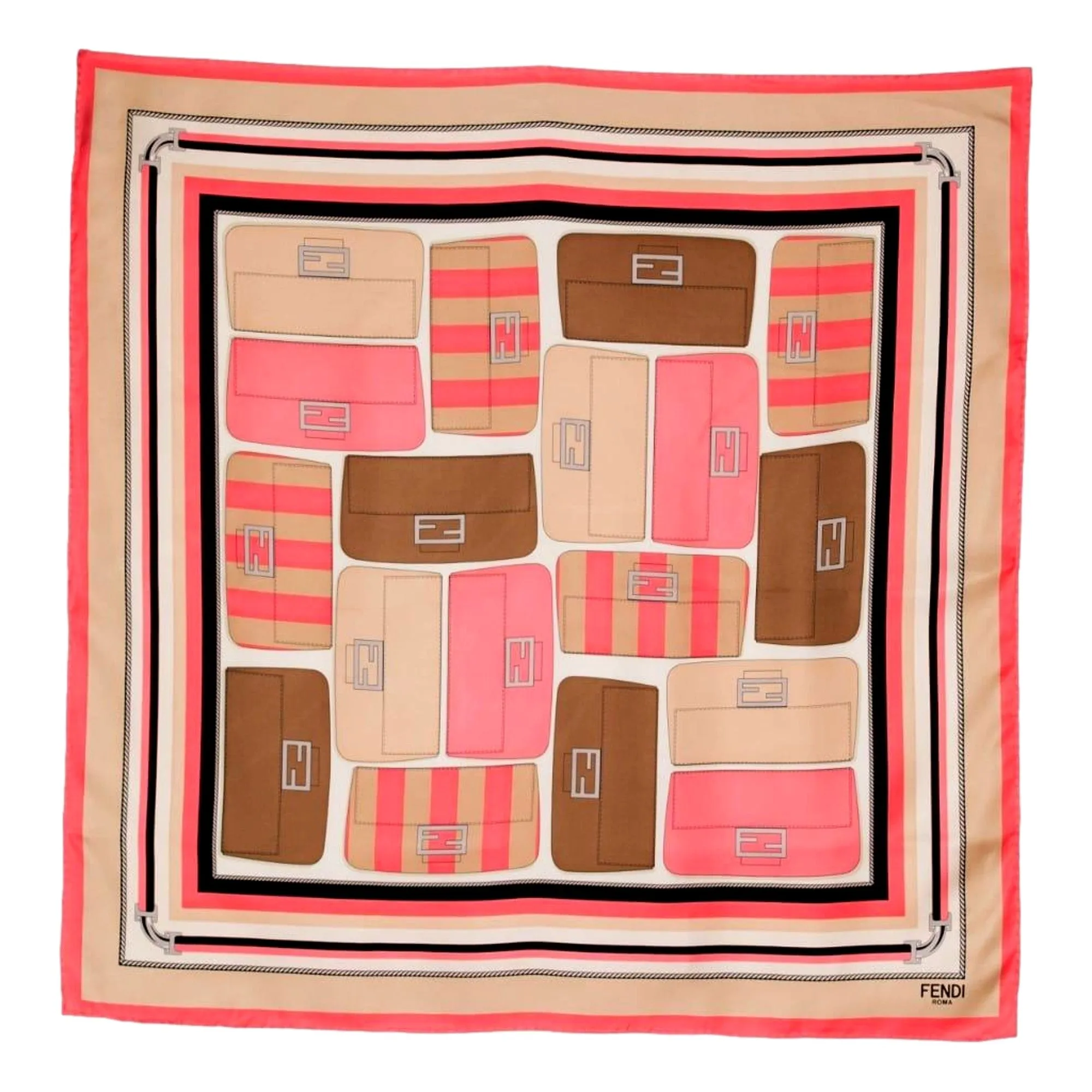 Fendi Baguette Print Silk Scarf Foulard Pink Dalia Multicolor Size 90