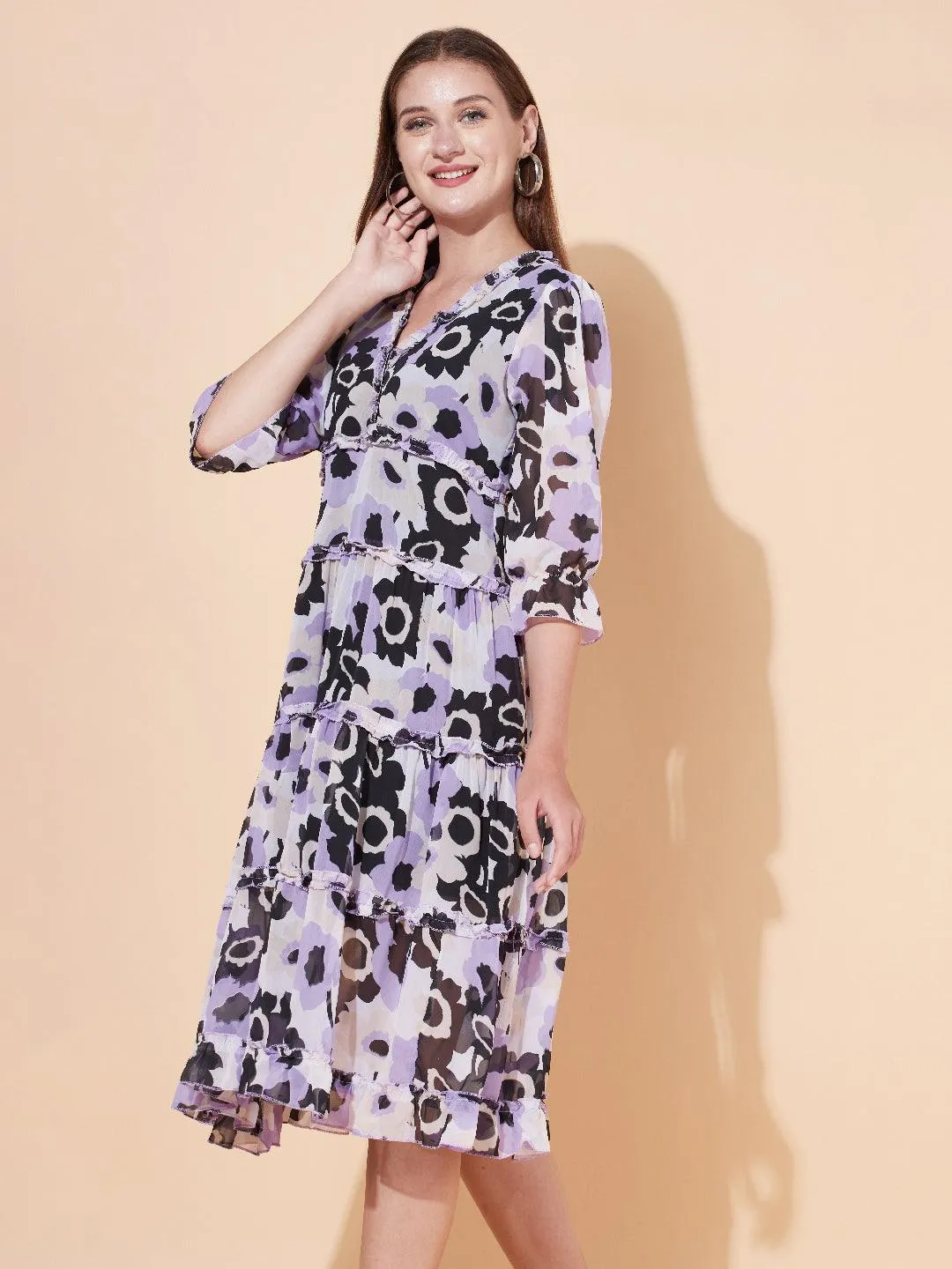 Floral Printed Tiered Flared Midi Dress - Multi