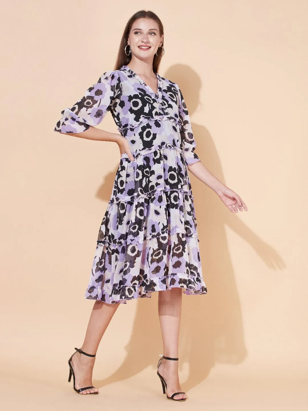 Floral Printed Tiered Flared Midi Dress - Multi