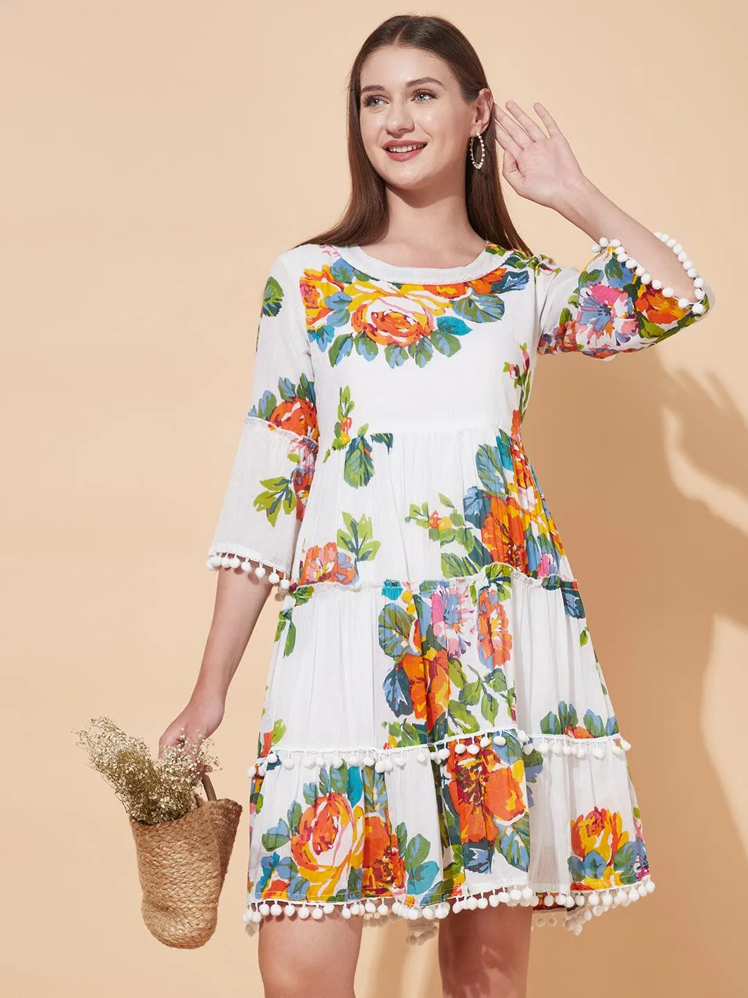 Floral Printed Tiered Flared Midi Dress - White