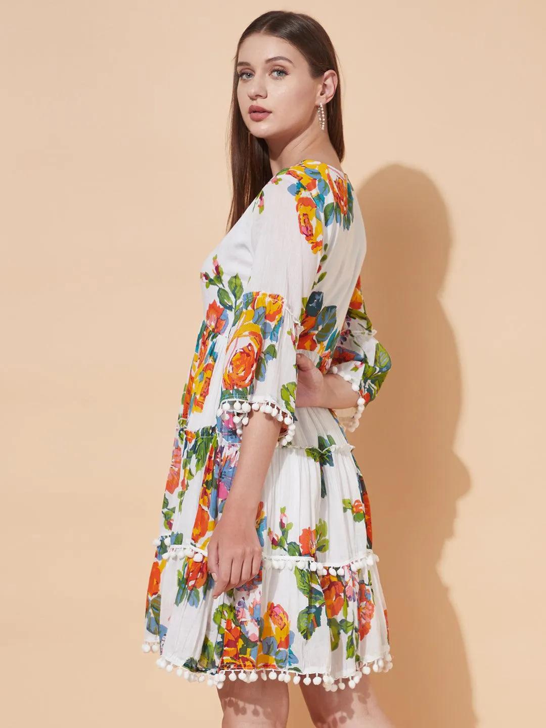 Floral Printed Tiered Flared Midi Dress - White