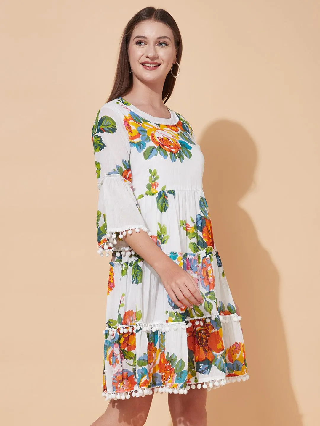 Floral Printed Tiered Flared Midi Dress - White