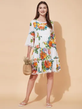 Floral Printed Tiered Flared Midi Dress - White