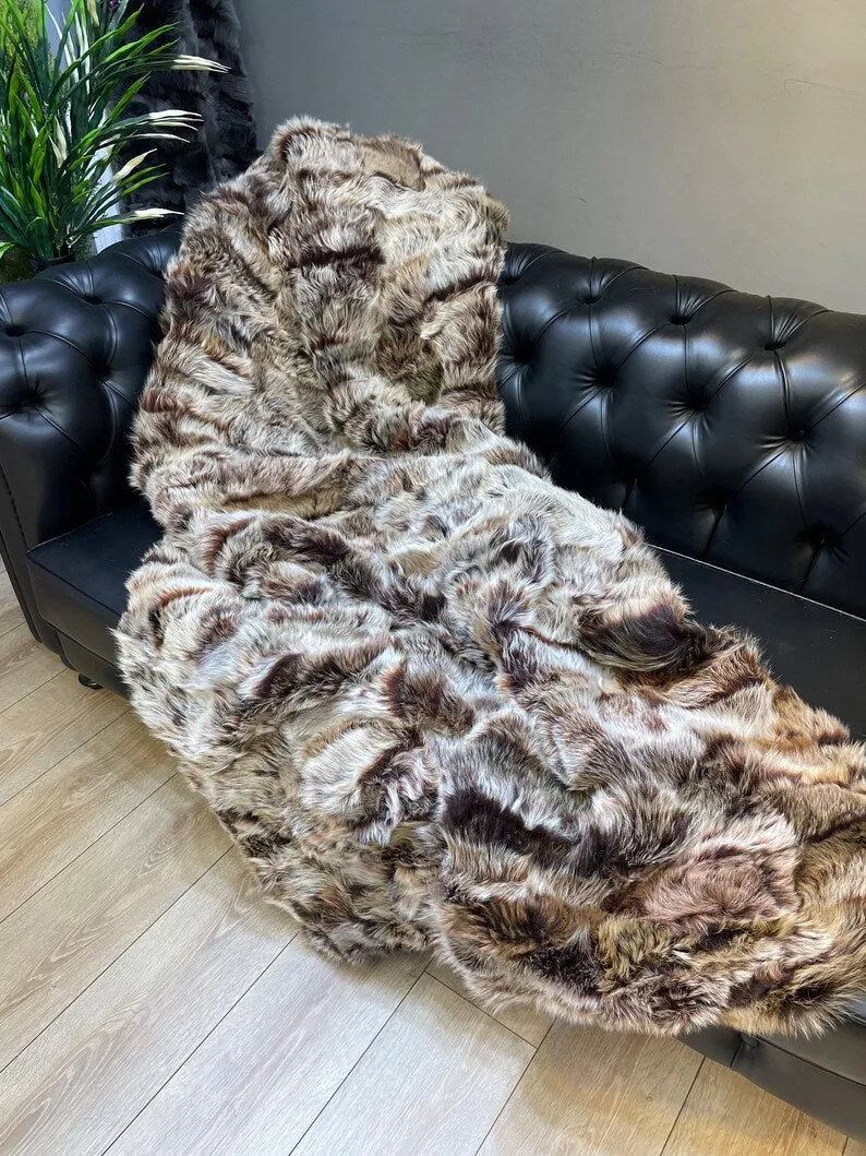 Genuine Real Fur Brown Sheepskin Blanket, Shawl Cozy Natural Fur Throw