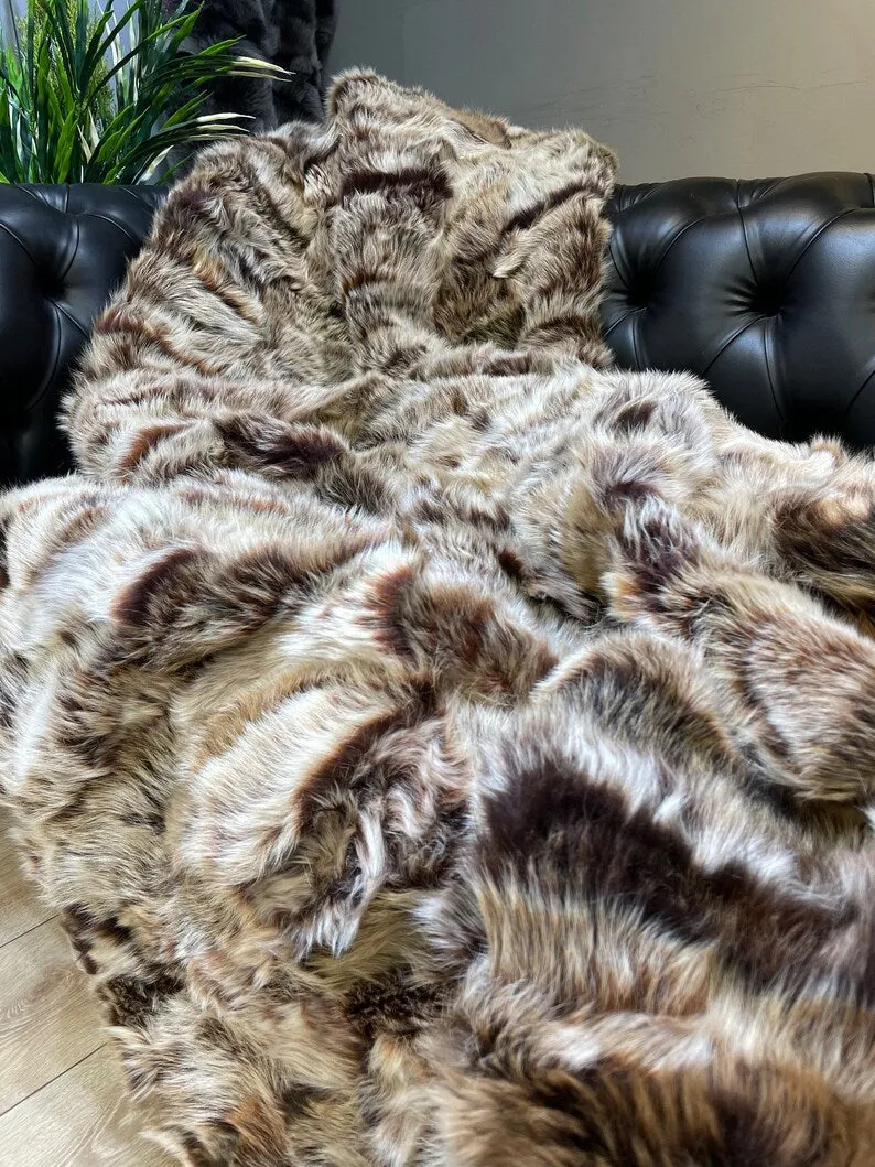 Genuine Real Fur Brown Sheepskin Blanket, Shawl Cozy Natural Fur Throw