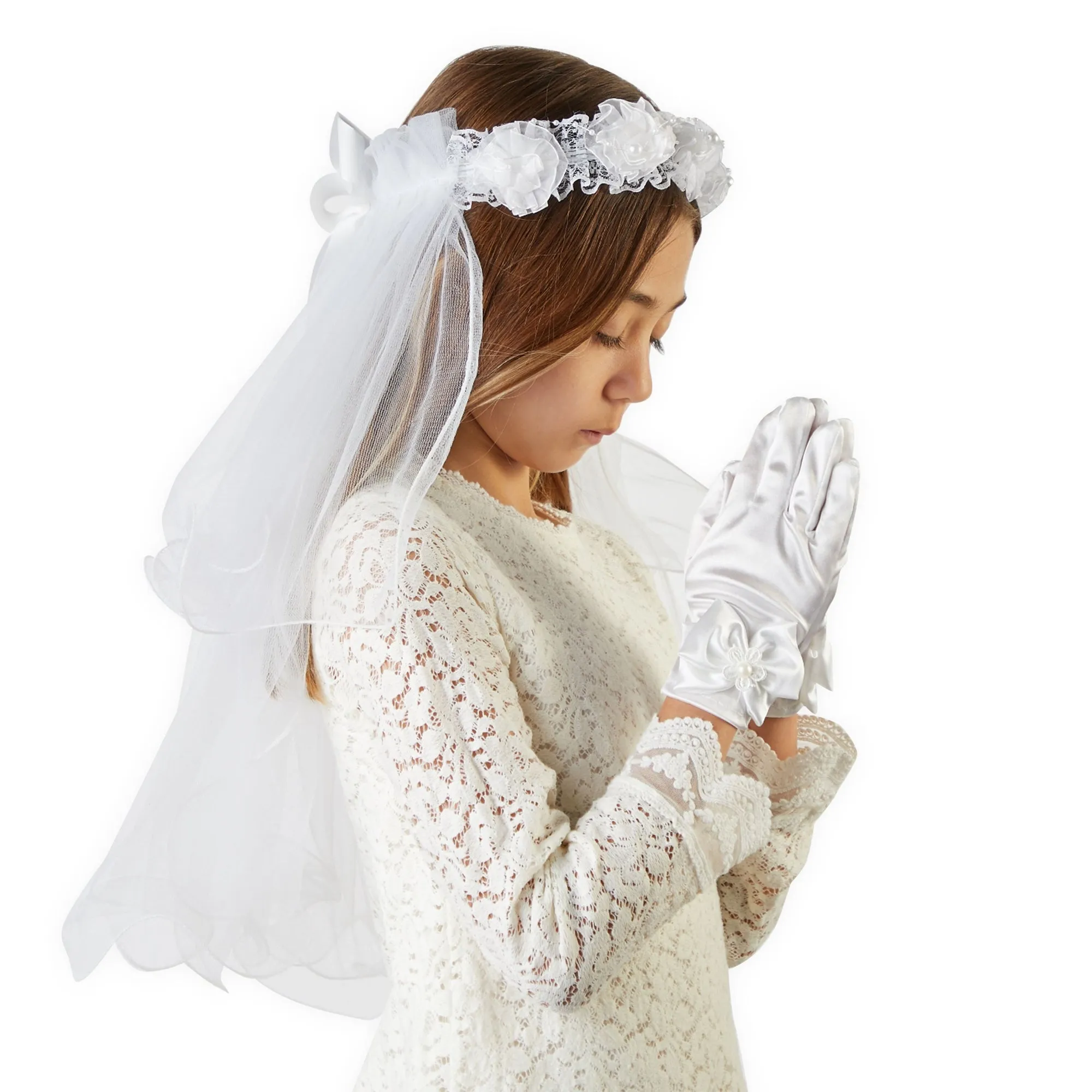 Girl's Flower Veil and Gloves for First Communion (White, 2 Pieces)