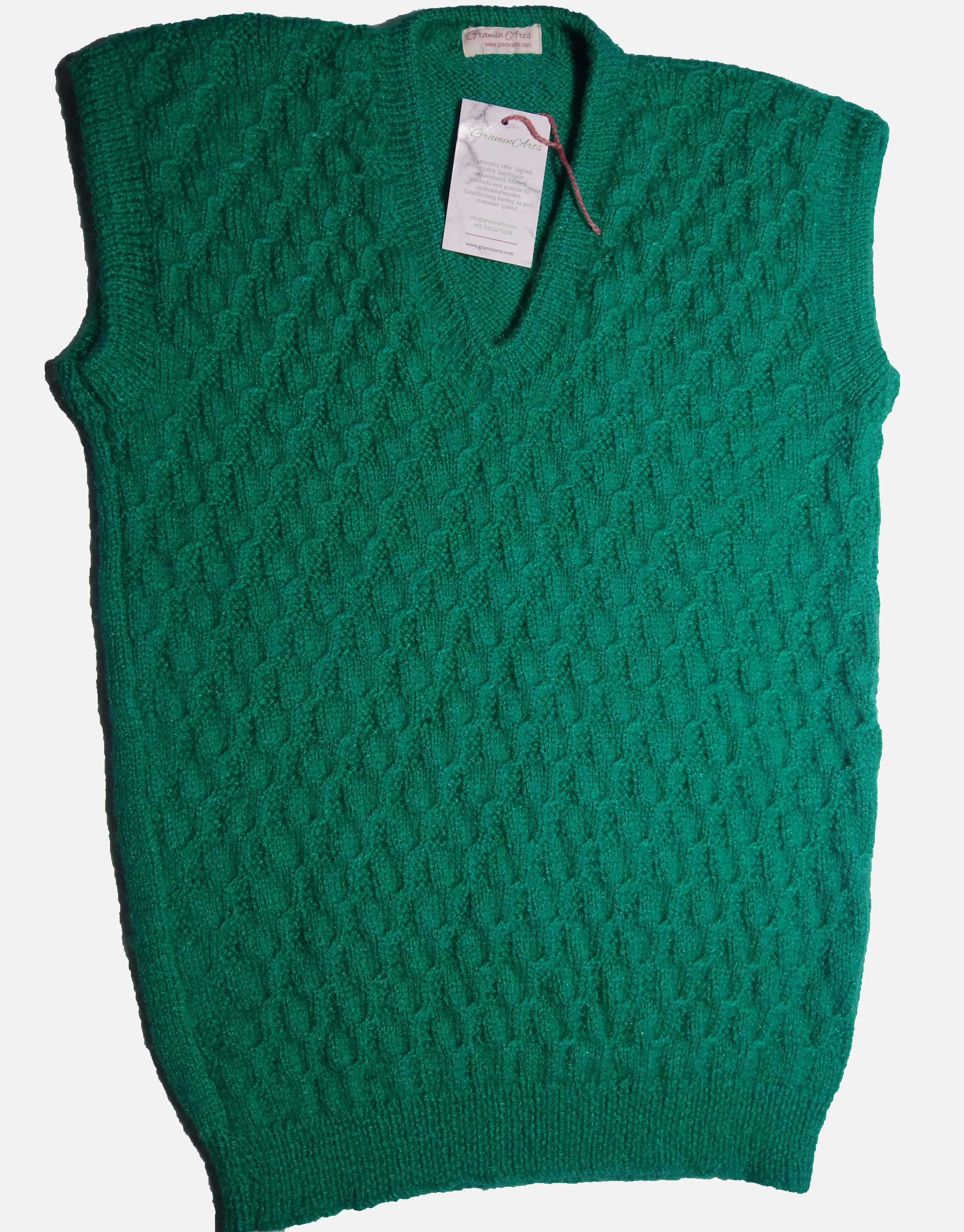 GraminArts Handmade Green Color Woolen V-Neck Half Sweater For Men