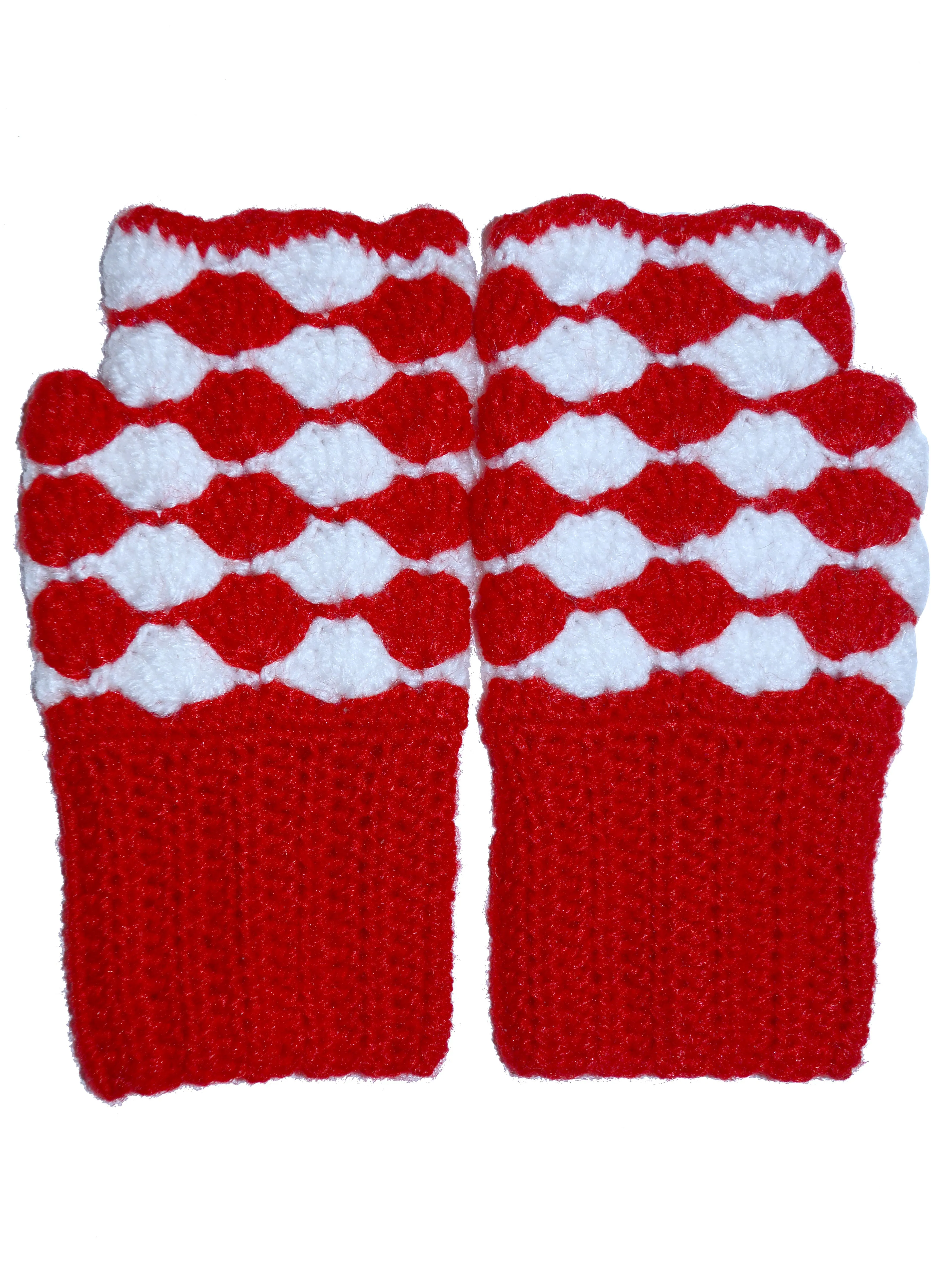 Graminarts Handmade woollen fingerless hand gloves for all medium adult hands-Red and White