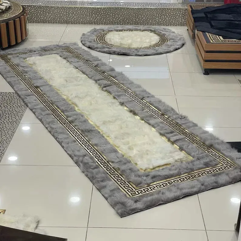 Gray White Fluffy Real Sheepskin Hallway Rug, Handmade Shaggy Runner Rug