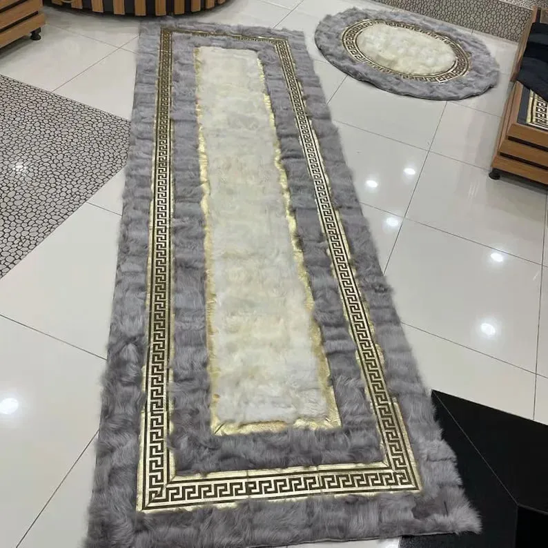 Gray White Fluffy Real Sheepskin Hallway Rug, Handmade Shaggy Runner Rug