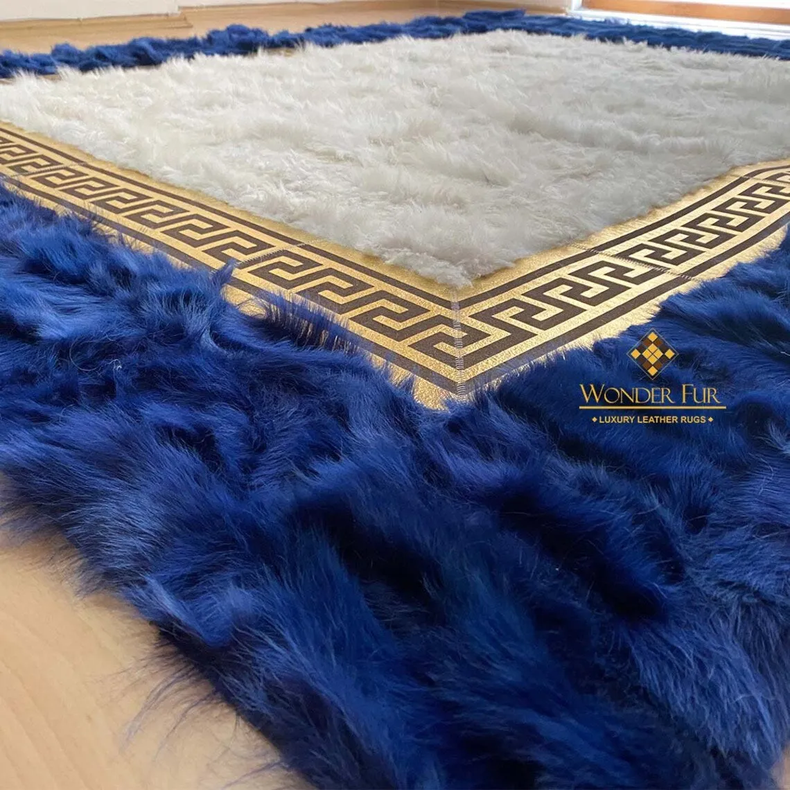 Handmade Modern Blue White 8x10 Area Bedroom Rug,Natural Sheepskin Rug