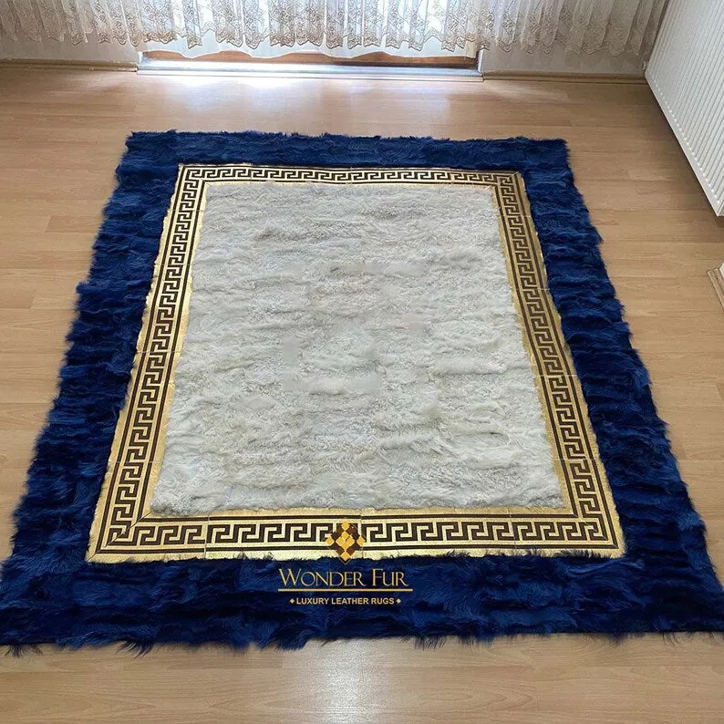 Handmade Modern Blue White 8x10 Area Bedroom Rug,Natural Sheepskin Rug