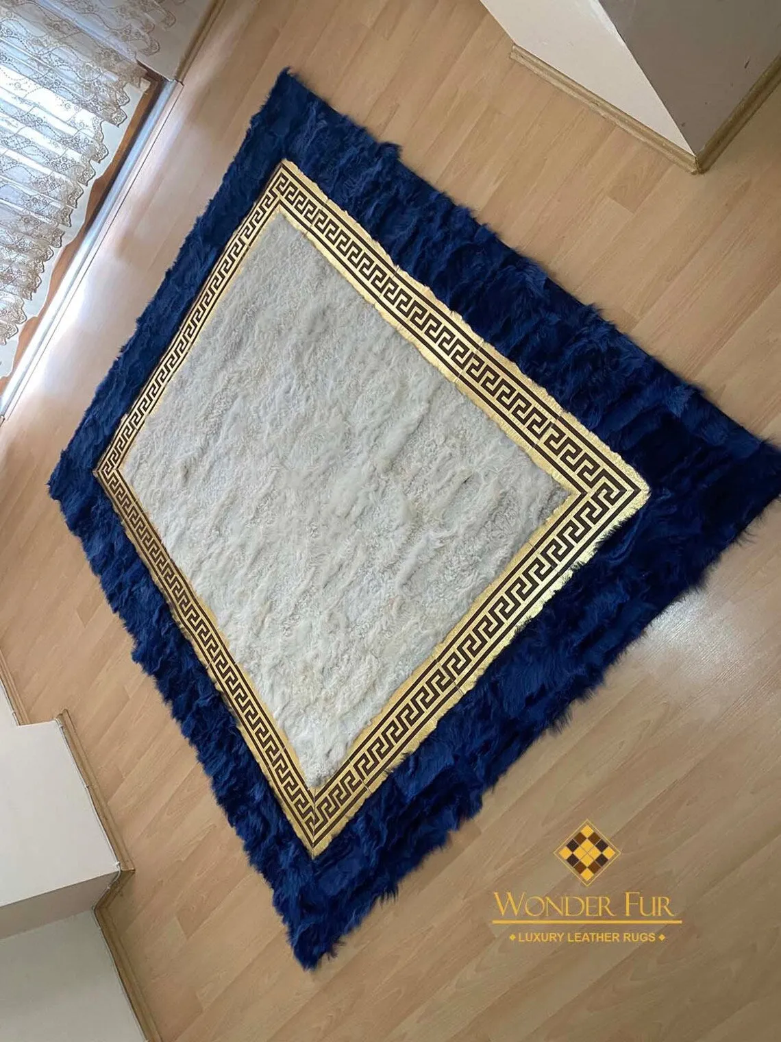 Handmade Modern Blue White 8x10 Area Bedroom Rug,Natural Sheepskin Rug