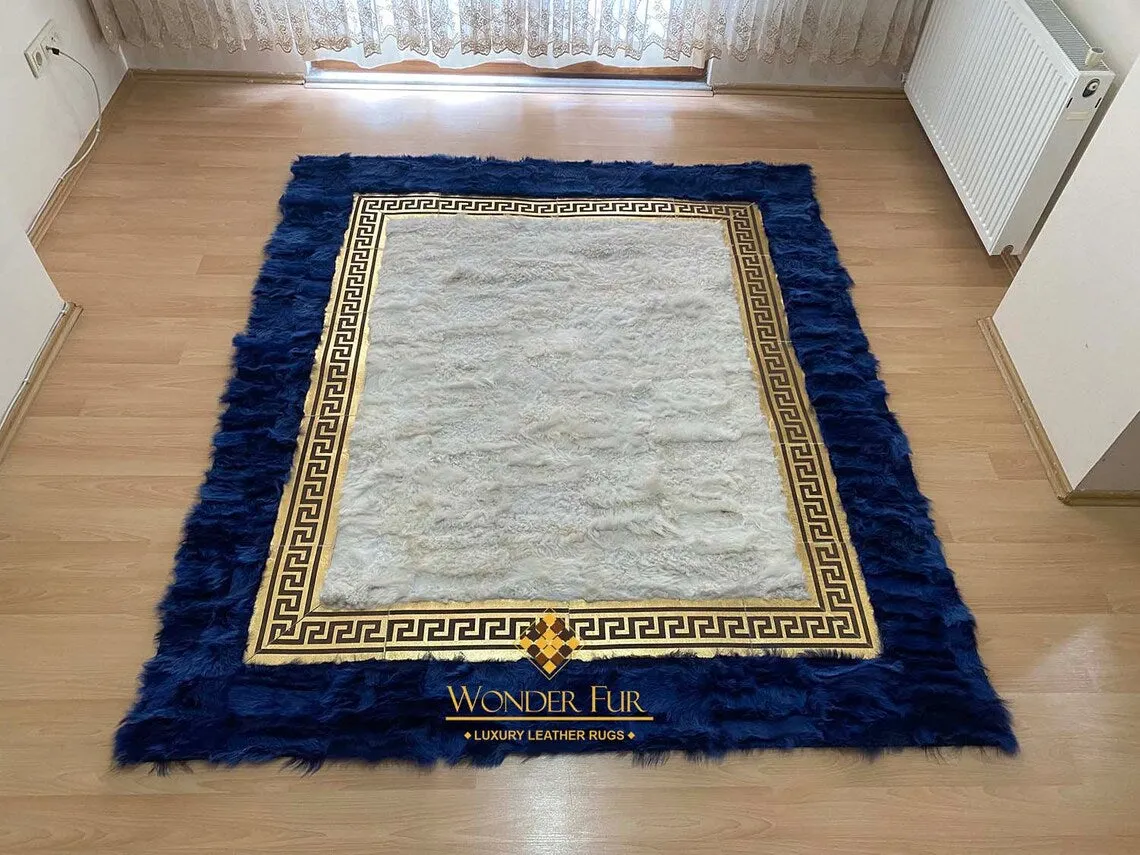 Handmade Modern Blue White 8x10 Area Bedroom Rug,Natural Sheepskin Rug