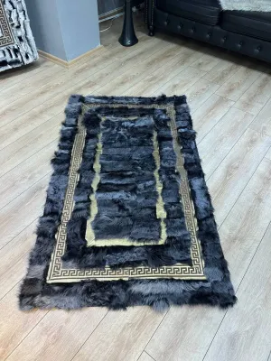 Handmade Natural Black Sheepskin Decor Office Rug,Leather Non Slip Rug