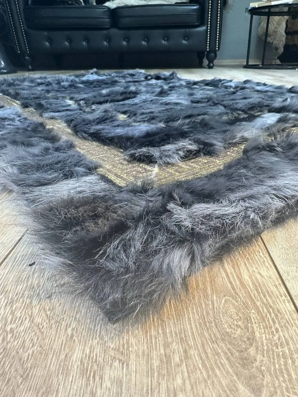 Handmade Natural Black Sheepskin Decor Office Rug,Leather Non Slip Rug