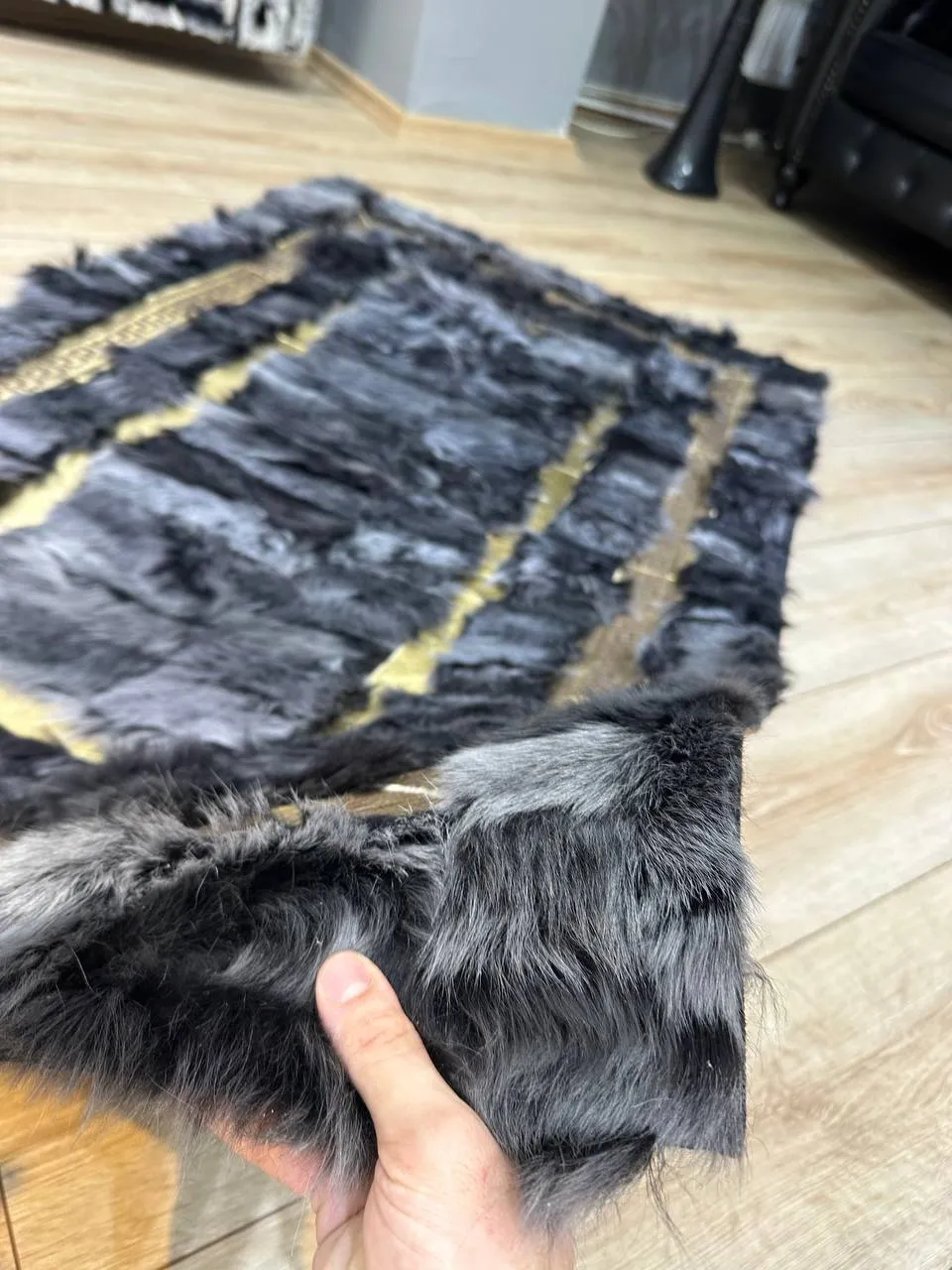 Handmade Natural Black Sheepskin Decor Office Rug,Leather Non Slip Rug